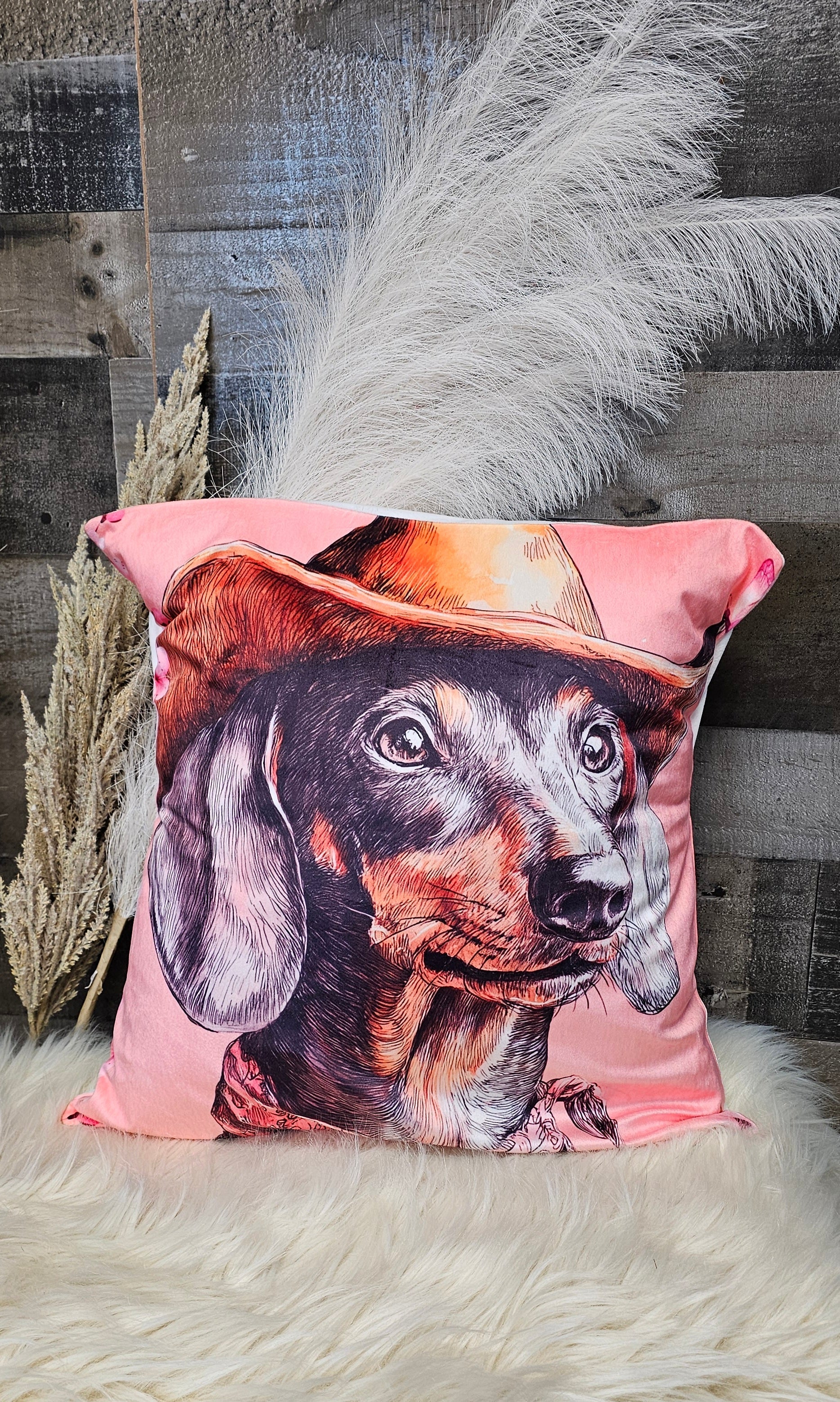 Baha Ranch Cowgirl Dachsund  Velvety Soft Throw Pillow Case Made in America Baha Ranch Western Wear