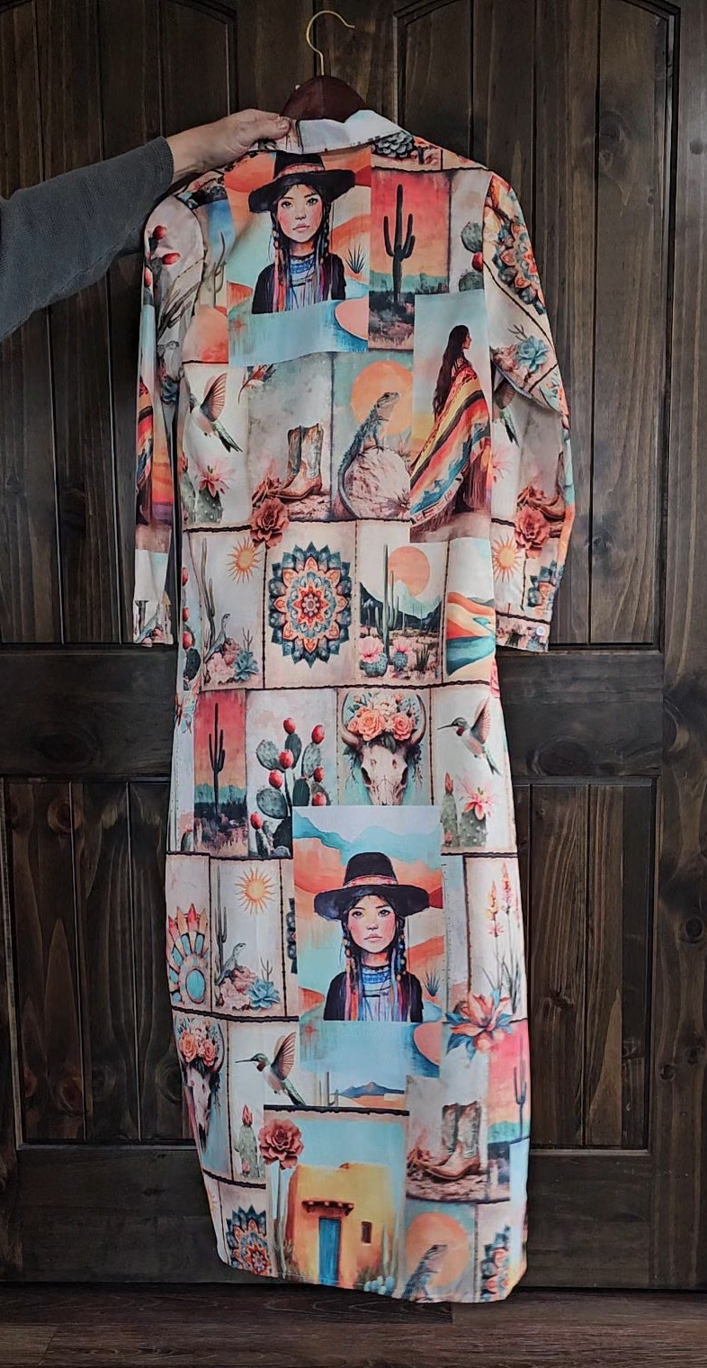Colores de Mexico Pictures of the Southwest Button-Up Long Sleeve Shirt Dress Duster Baha Ranch Western Wear