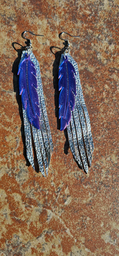 3D Printed Feather Leather Fringe Earrings Made in America Baha Ranch Western Wear