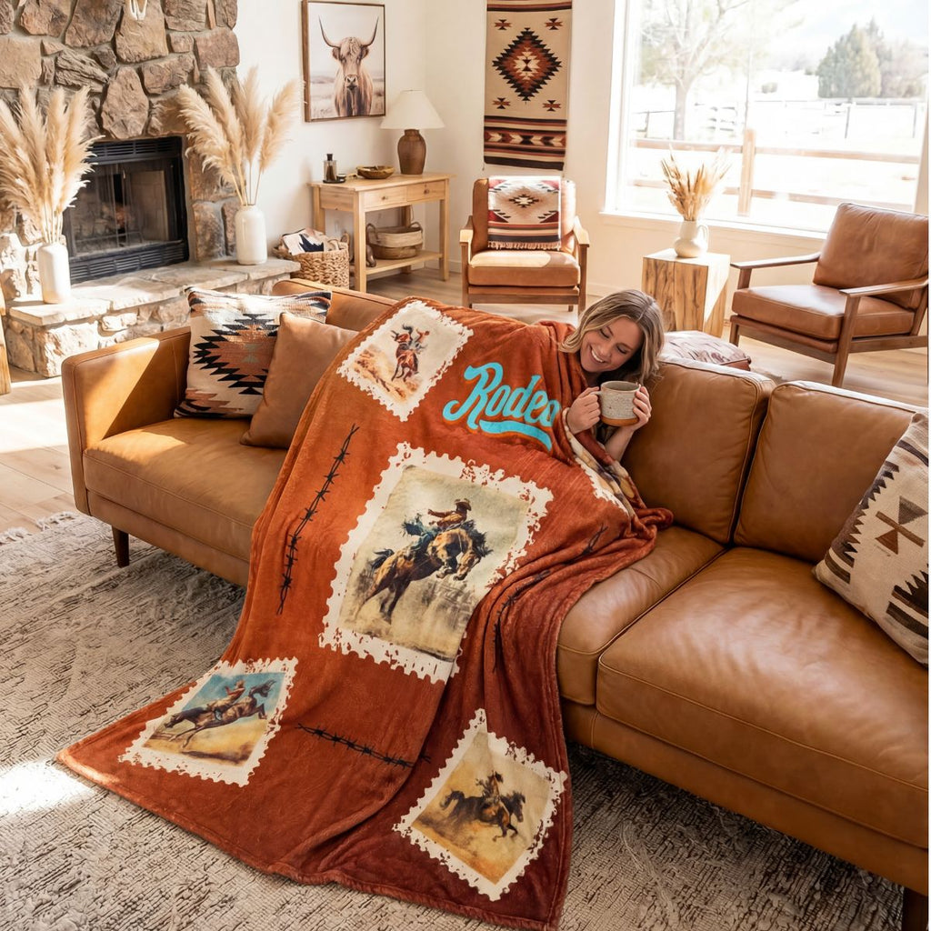 Old Rodeo Western Throw Blanket 60" x 80" Ultra Soft Made in America Baha Ranch Western Wear