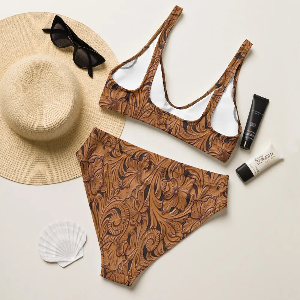 Yeehaw Tooled Leather Print Bikini Baha Ranch Western Wear