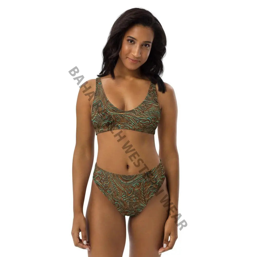 Yeehaw Turquoise Tooled Leather Print Bikini Baha Ranch Western Wear