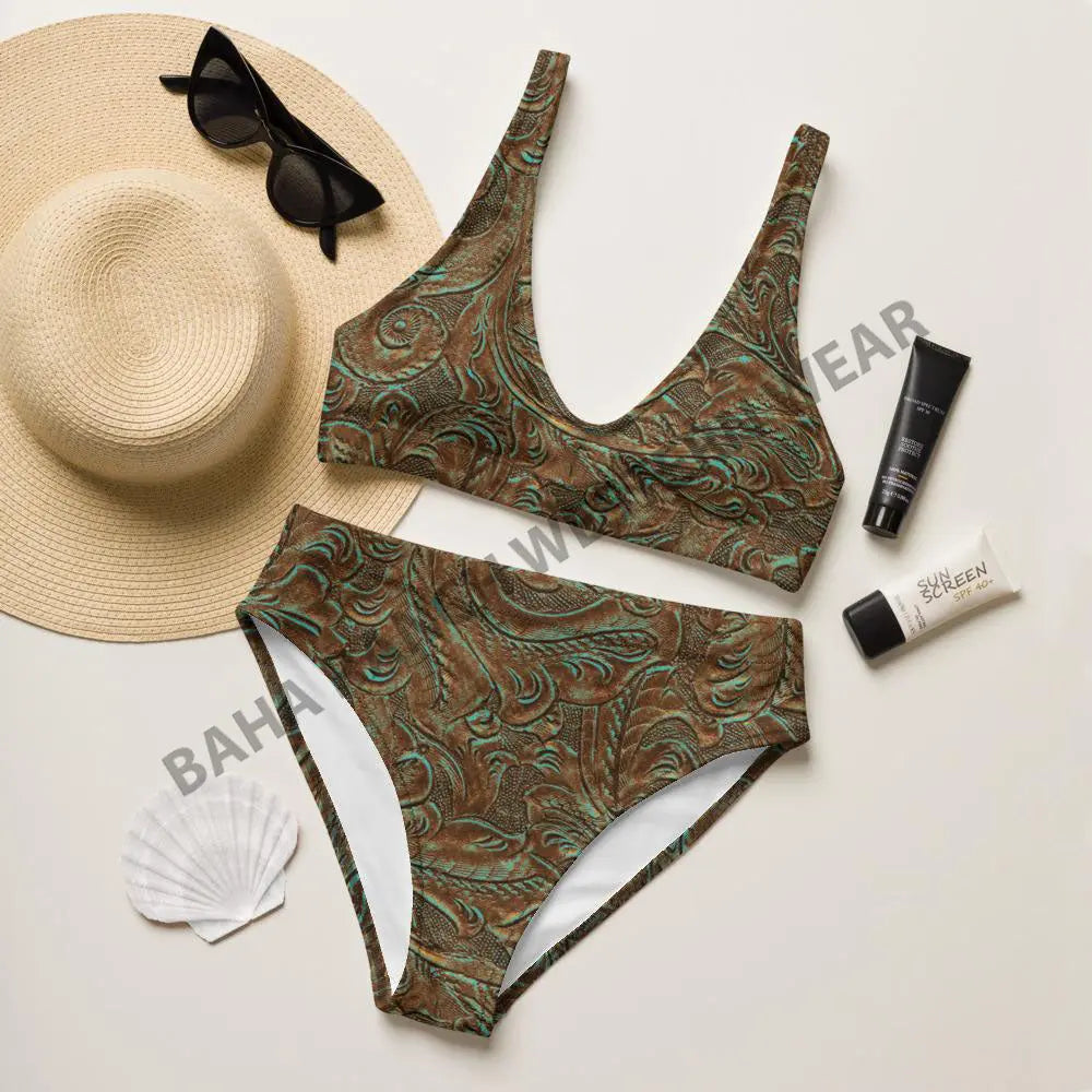 Yeehaw Turquoise Tooled Leather Print Bikini Baha Ranch Western Wear