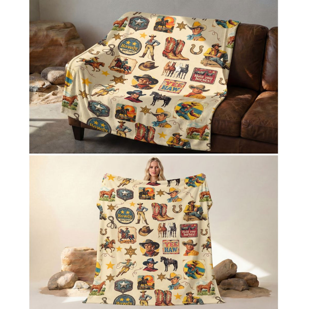 Baha Ranch Vintage Cowboy Collage Ultra-Soft Micro Fleece Blanket 60" x 80" Made in America Baha Ranch Western Wear