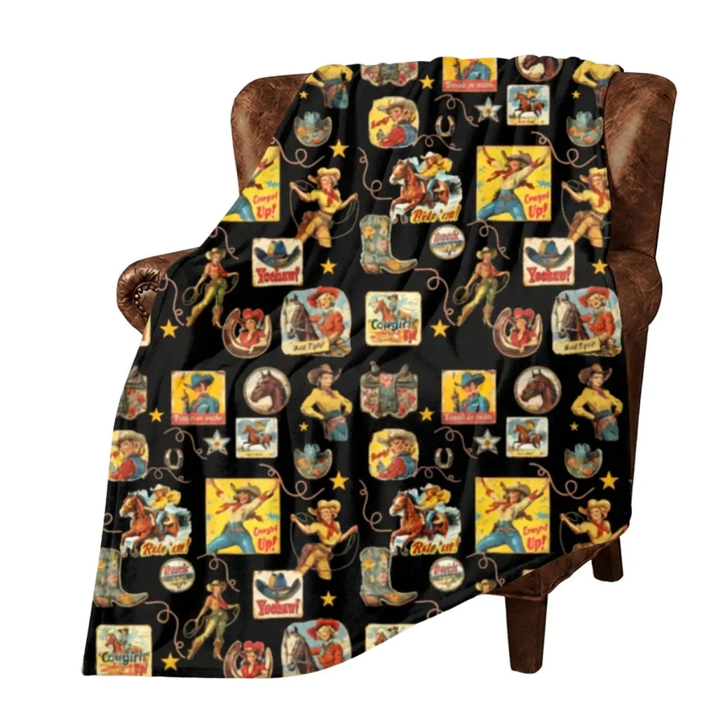 Vintage Cowgirl Collage Micro Fleece Throw Blanket 60" x 80" Made in America Baha Ranch Western Wear