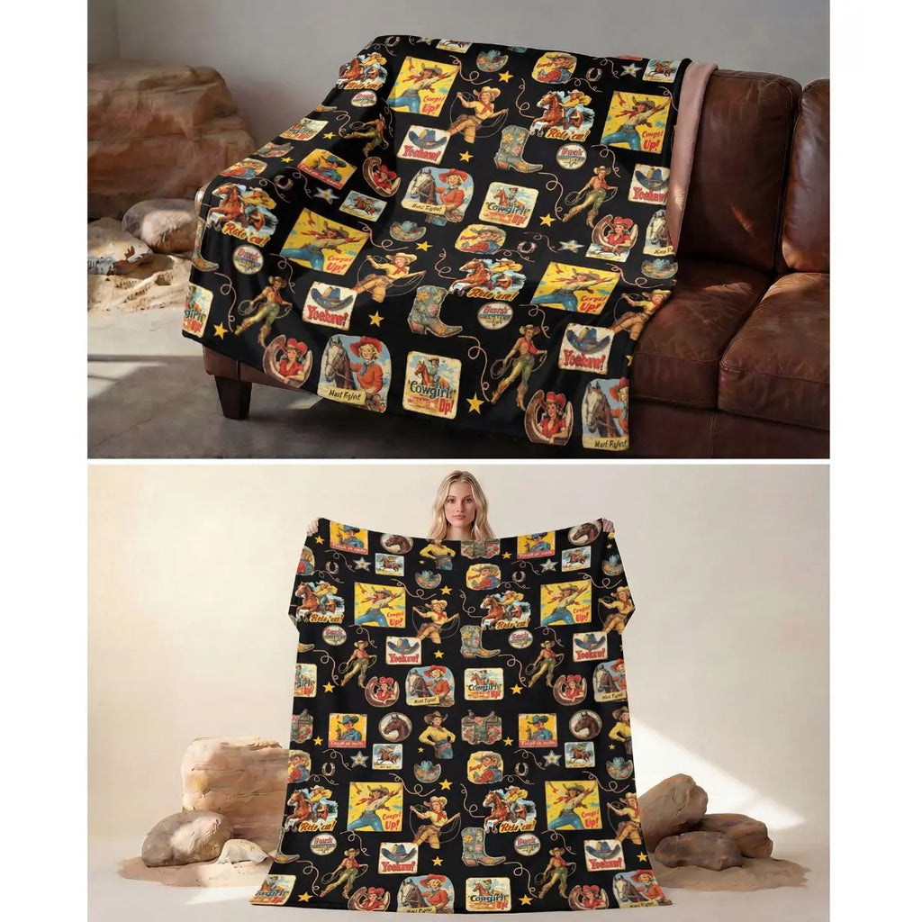 Vintage Cowgirl Collage Micro Fleece Throw Blanket 60" x 80" Made in America Baha Ranch Western Wear
