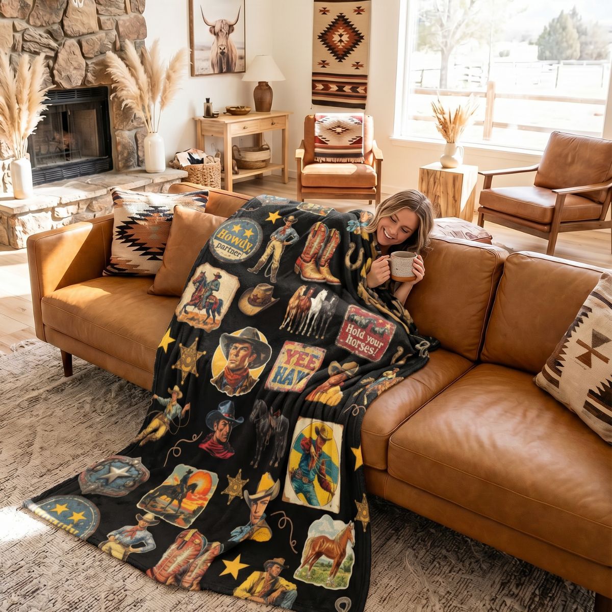 Baha Ranch Vintage Cowboy Collage Western Ultra Soft Minky Throw Blanket 60" x 80" Made in America Baha Ranch Western Wear