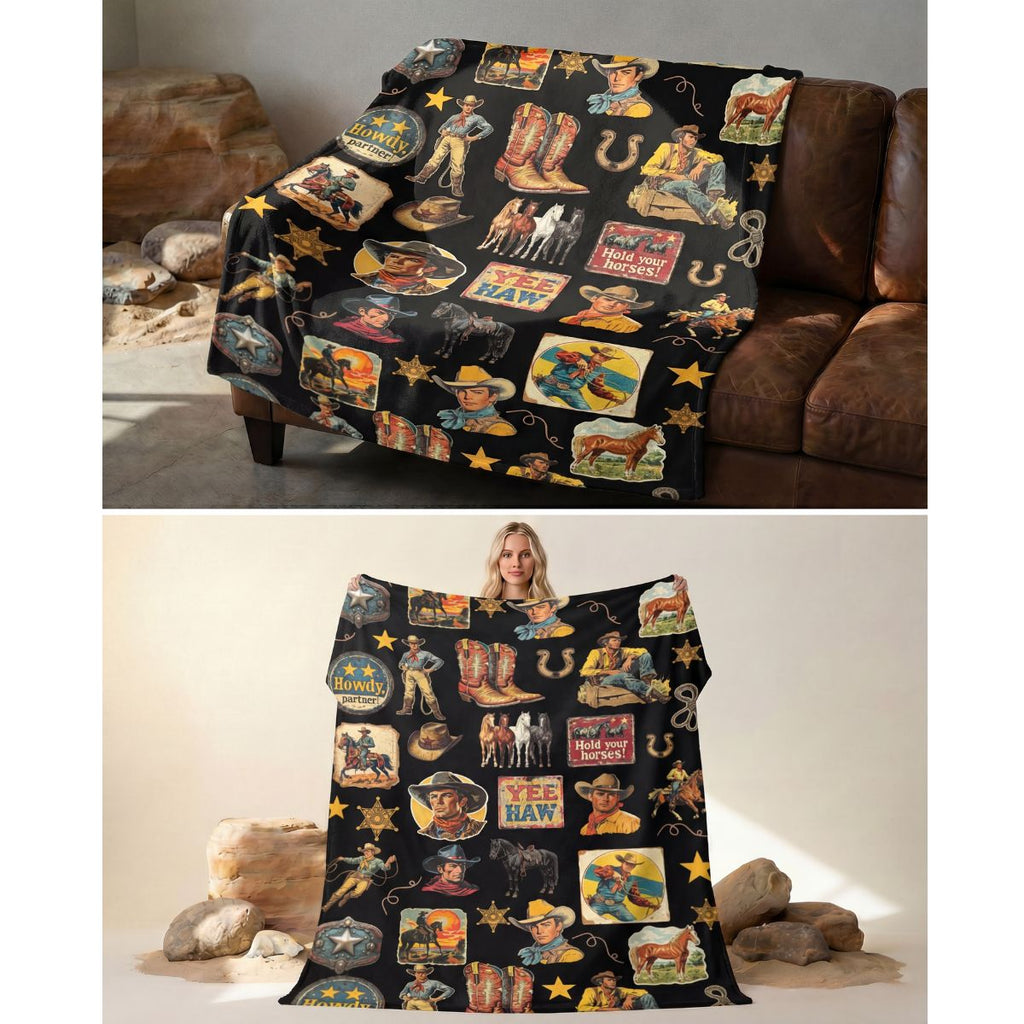 Baha Ranch Vintage Cowboy Collage Western Ultra Soft Minky Throw Blanket 60" x 80" Made in America Baha Ranch Western Wear