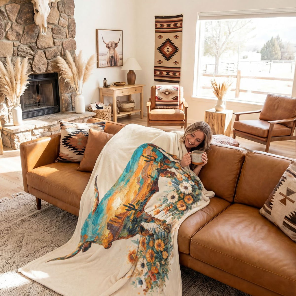 Baha Ranch Painted Longhorn Throw Blanket 60" x 80" Made in America Baha Ranch Western Wear