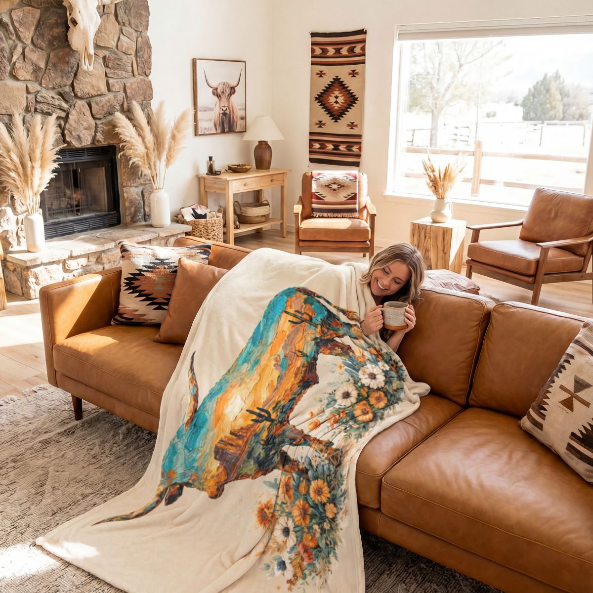 Baha Ranch Painted Longhorn Throw Blanket 60" x 80" Made in America Baha Ranch Western Wear